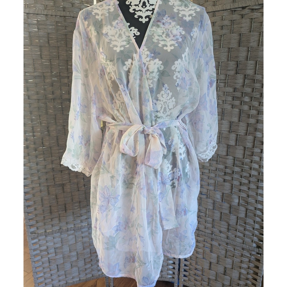 Vtg Sheer Floral Lace Trim Wrap Robe White Lavender Ethereal Fairy Coquette‎ L
